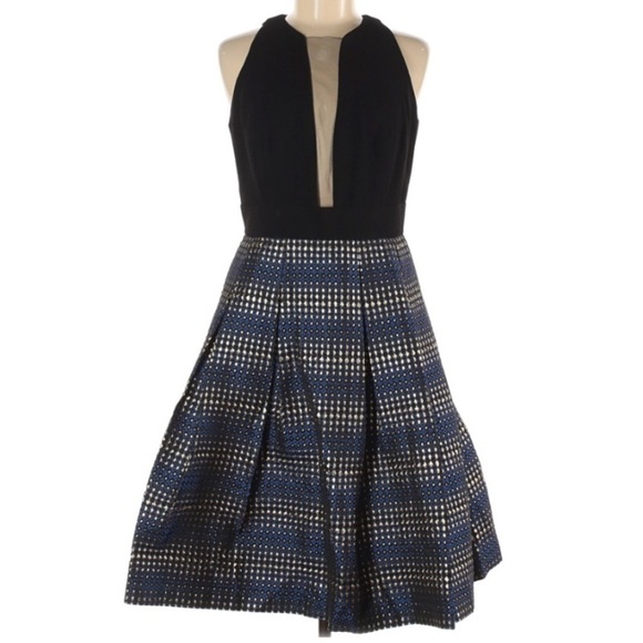 Carmen Marc Valvo Metallic A Line Plunging a neck black blue gold 6 - Picture 1 of 9